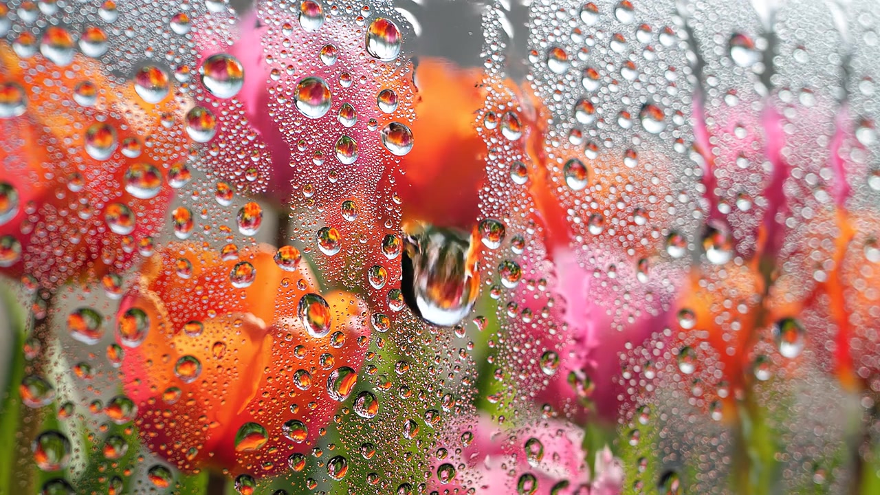 Goccioline d'acqua sul vetro della finestra con fiori primaverili colorati sfocati.