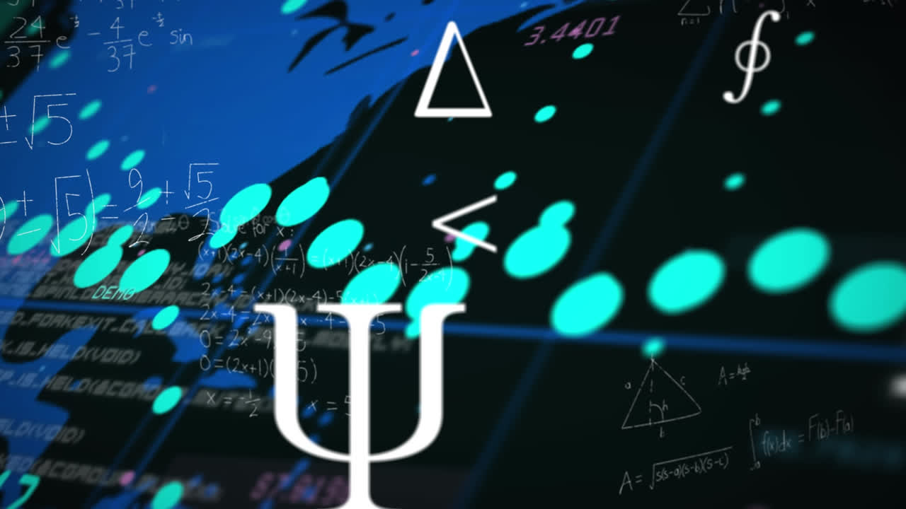 검은 바탕에 세계 지도 위에 떠다니는 수학적 방정식과 기호의 애니메이션