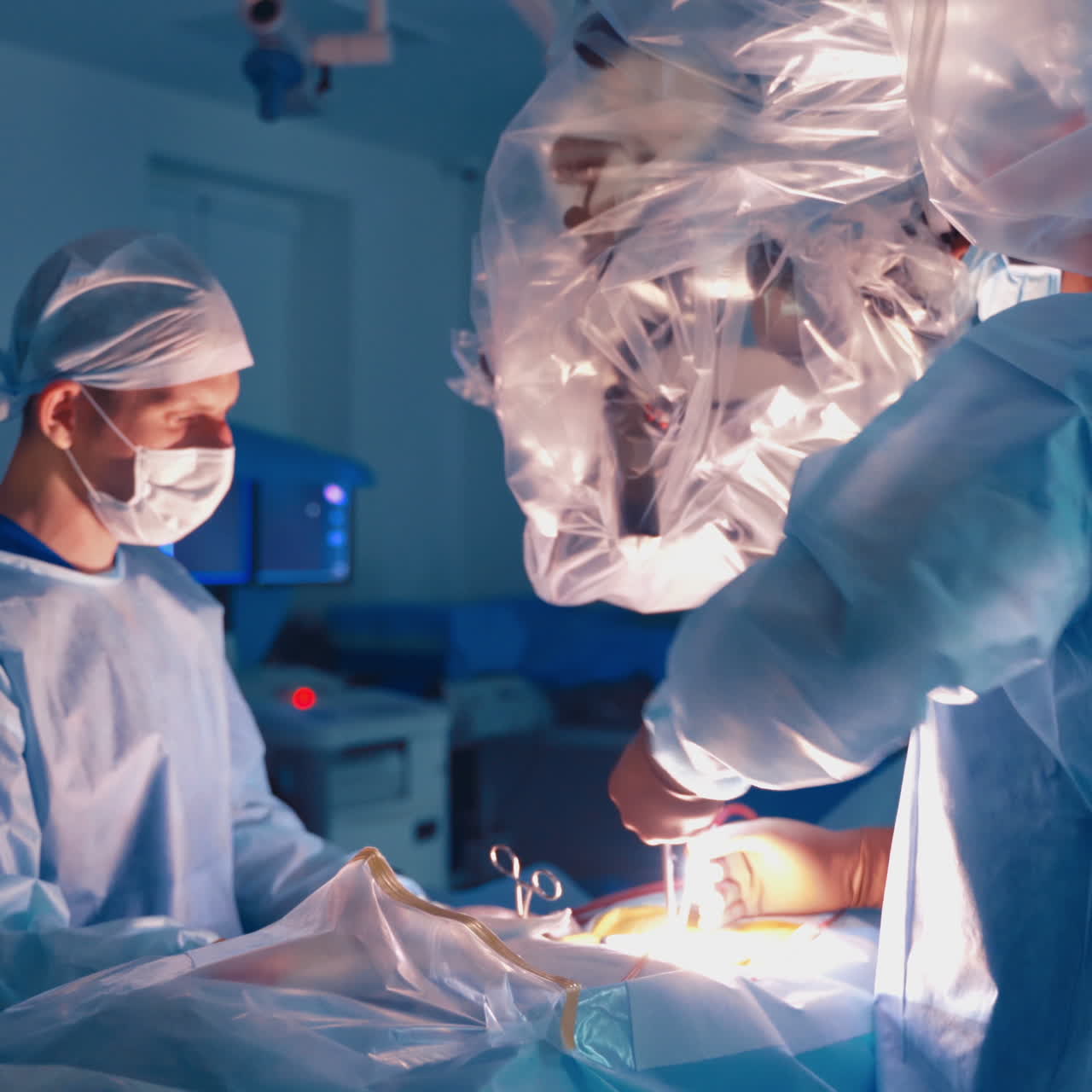 Operation in clinic. Specialists perform an operation through modern microscope. Surgeons working with medical instruments in operating room.