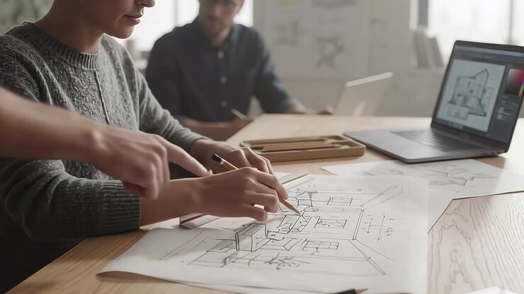 Architects Collaborating on Interior Design Blueprint in Modern Office