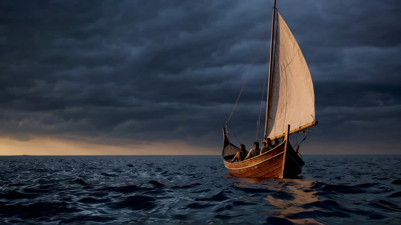 Traditional wooden sailboat at sea during sunset/sunrise
