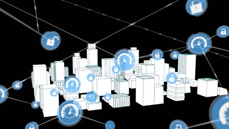 animación de la red de conexiones con iconos sobre el dibujo de la ciudad en 3d