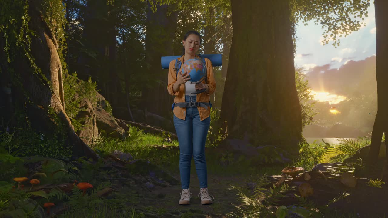 Full Body Of Asian Female Hiker With Mountaineering Backpack Looking At World Globe In Her Hands And Making Confused Gesture While Exploring Forest Nature