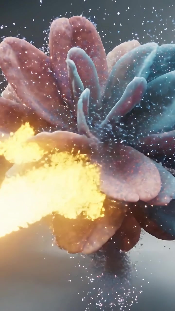 Video verticale: Fioritura di succulenta che erutta con scintille che salgono, inviando scie di cometa in studio.