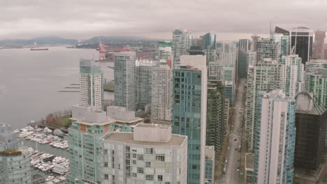 Aerial-view-over-the-dense-downtown-Vancouver-skyline