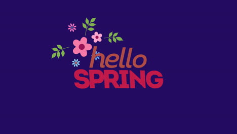 hola primavera texto colorido y acentos de flores en fondo azul oscuro