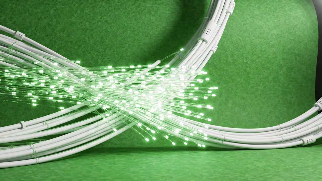 Dynamic Representation of Fiber Optic Cables Intertwined with Vibrant Green Background and Illuminated Light Effects, Capturing Modern Technology Aesthetics