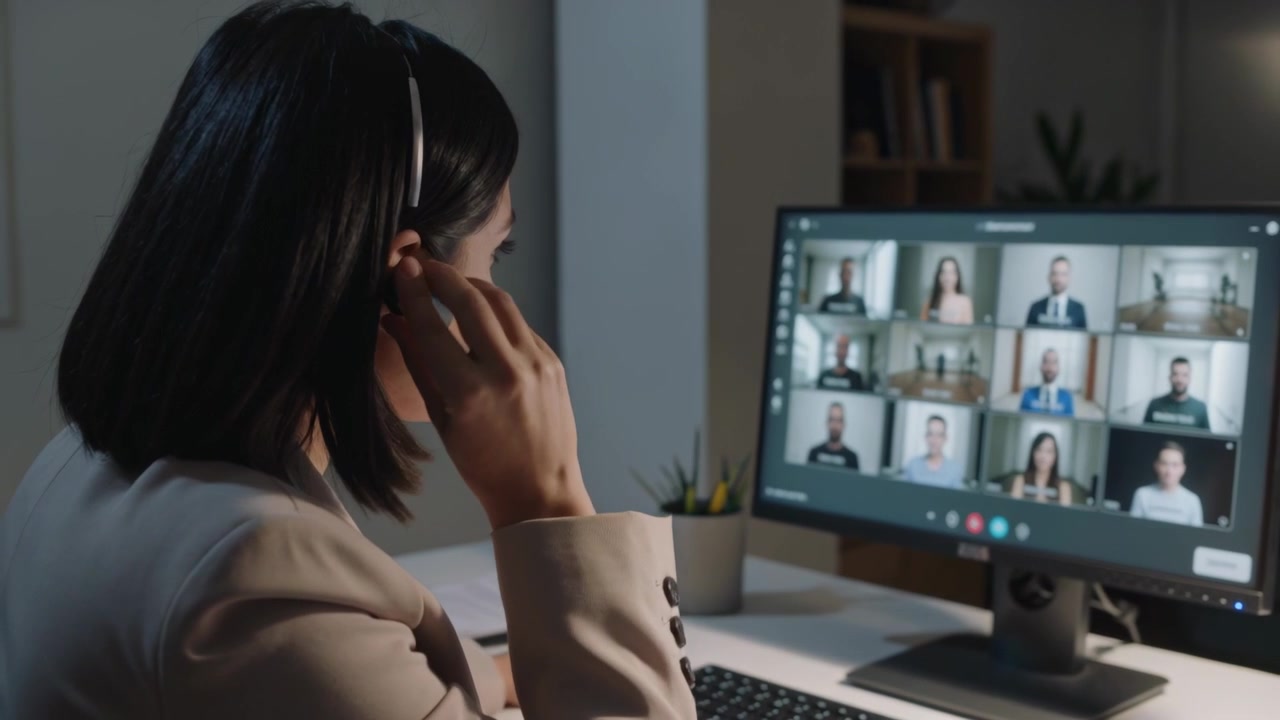 Responding to meeting alert, Asian woman in light blazer adjusting earbud at home office, monitor
