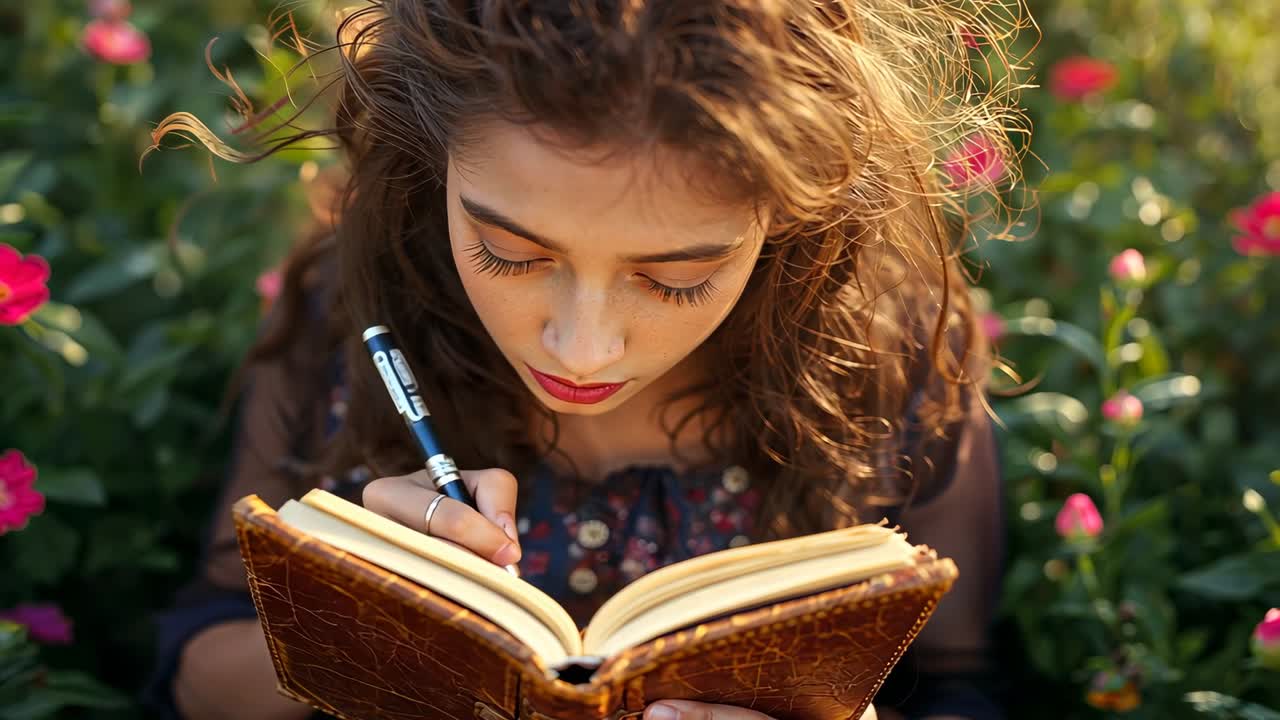 Writing woman in sheer-top writing in garden as sunlight rising holding leather-book pen to reflect