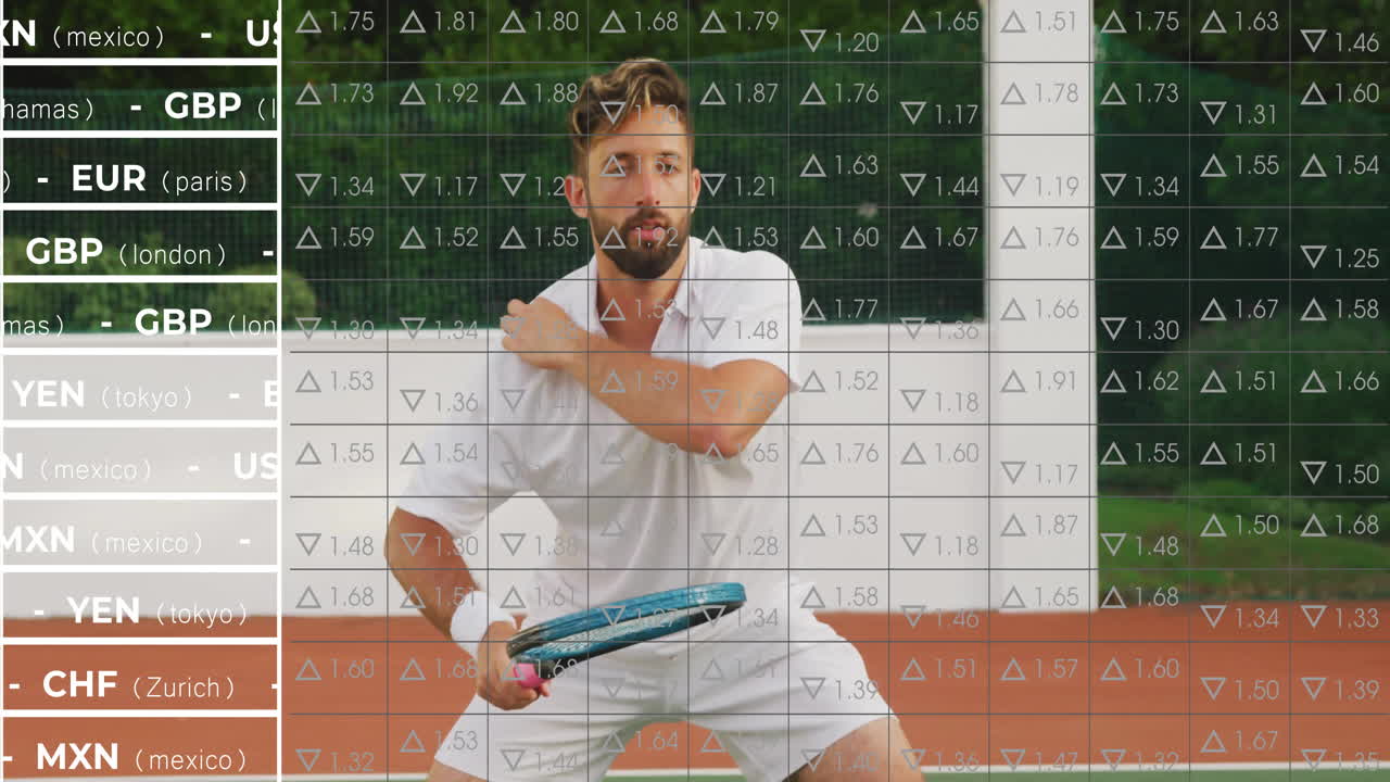 Male tennis player holding racket preparing on clay court, showing finance grid with currency tags