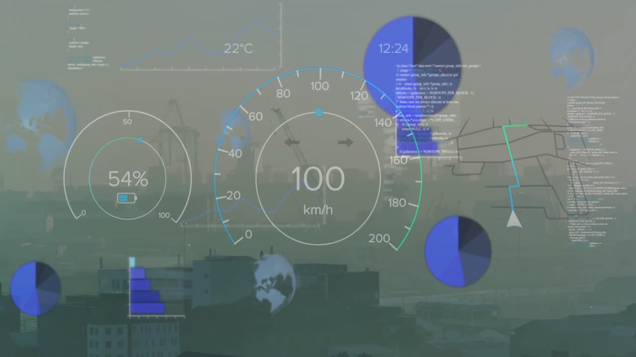 스피도미터와 데이터 처리에 대한 자동차 인터페이스의 애니메이션과 도시 풍경의 항공 시각