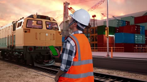 back view of asian male engineer with safety helmet working on a green screen smartphone and looking around while standing with freight cargo train at port