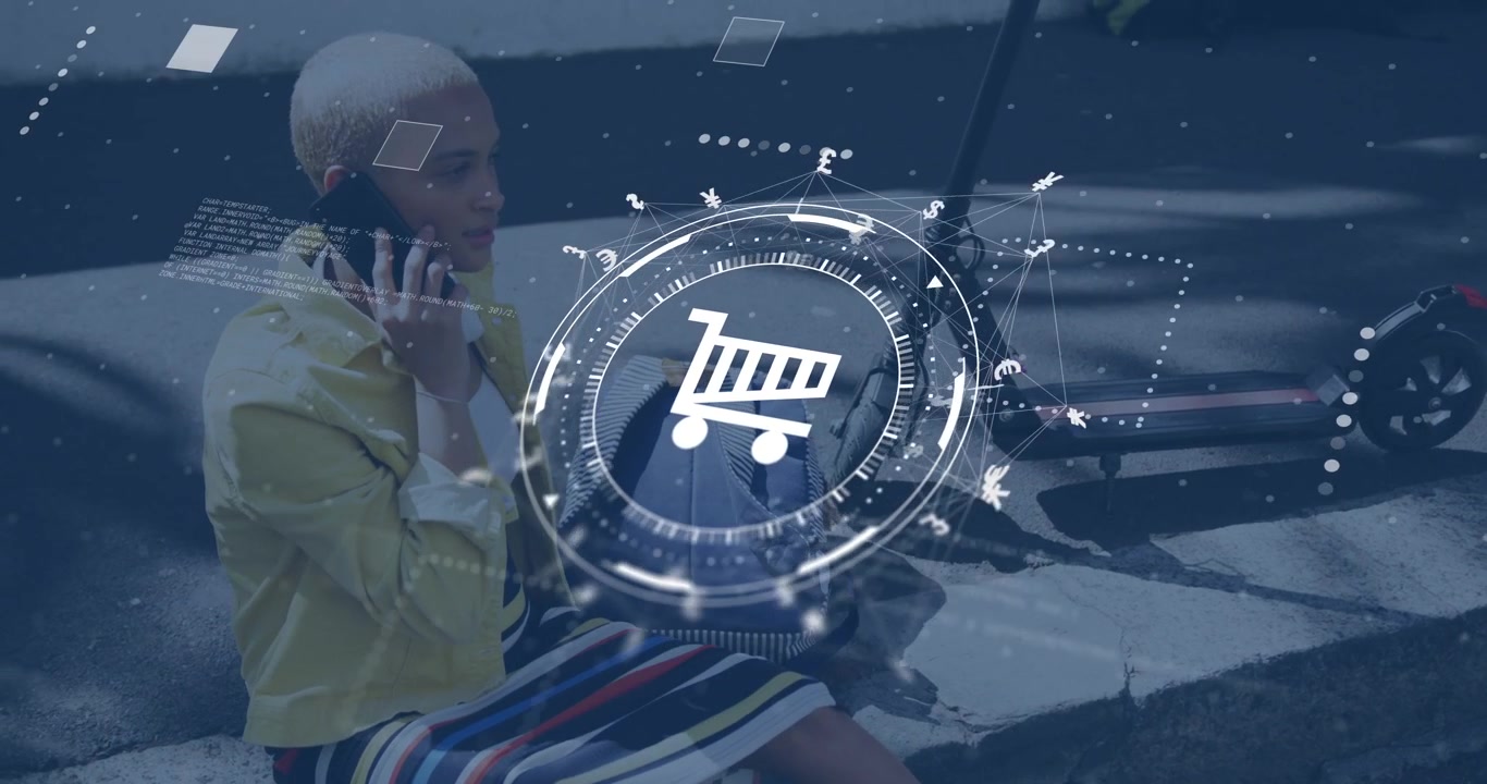 Woman sitting curb holding phone, call launching AR shop HUD growing, aiding pricing by scooter