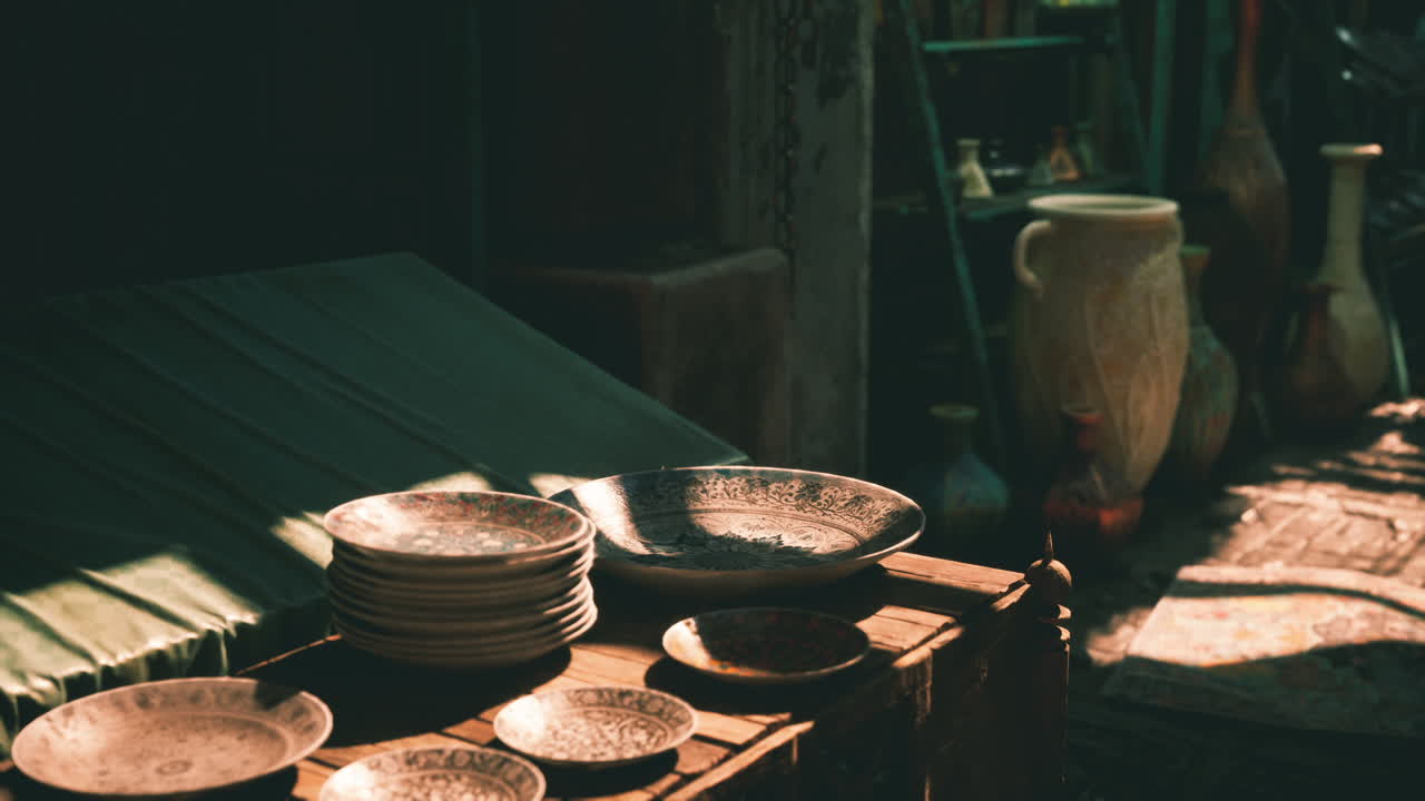 Ceramiche rustiche e piatti decorativi esposti su un tavolo di legno al mercato.