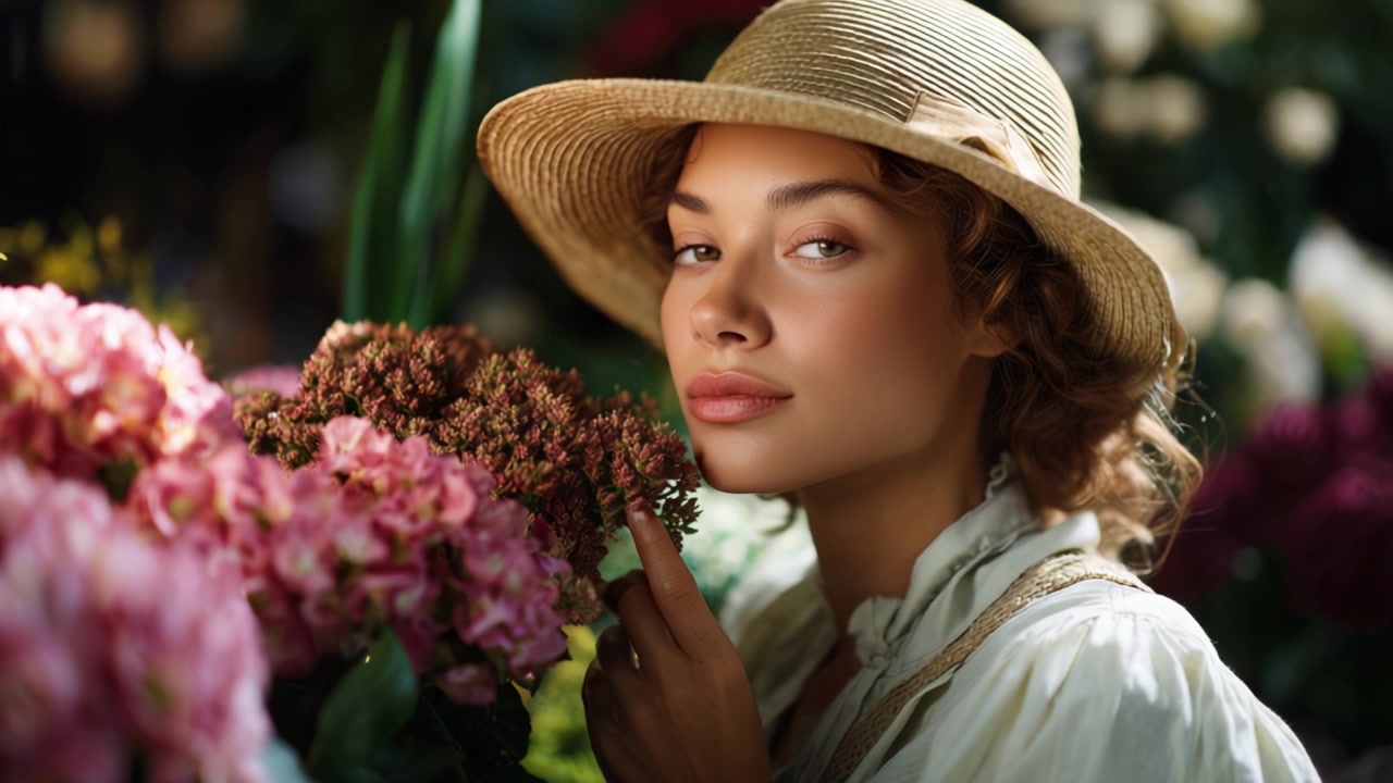 Una giovane donna serena con un cappello di paglia che si gode fiori vivaci in un lussureggiante giardino, abbracciando la bellezza della natura con un sorriso gentile e occhi sognanti.