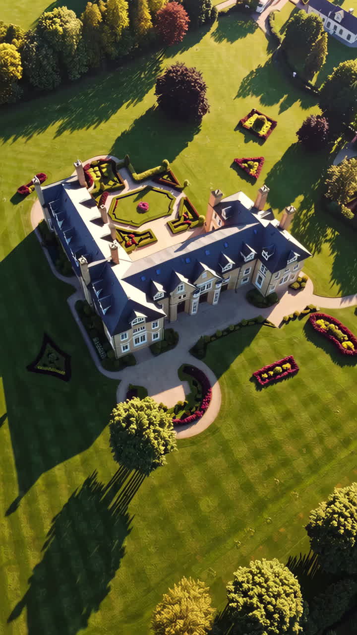 Aerial View of a Grand Mansion with Extensive Formal Gardens