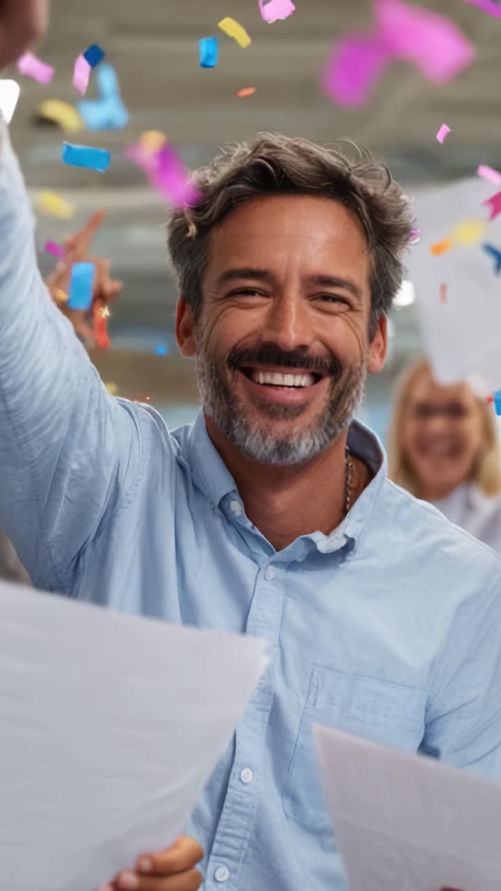 Celebração alegre: um homem sorrindo cercado por confetes coloridos, irradiando felicidade e entusiasmo em um ambiente de grupo animado e cheio de empolgação