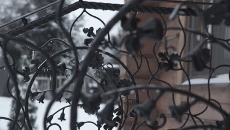 ornate black wrought iron railing in winter