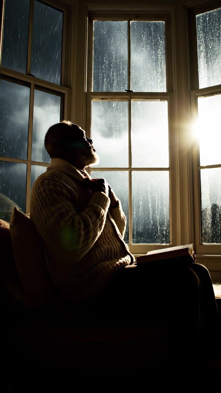 Silhouetted reader in a cream cable-knit sweater pauses over his book, raises his chin toward bright window light, then lowers his gaze as raindrops cover the surrounding glass.