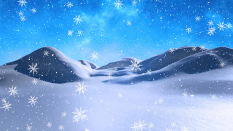 digital animation of snowflakes falling on winter landscape against blue background