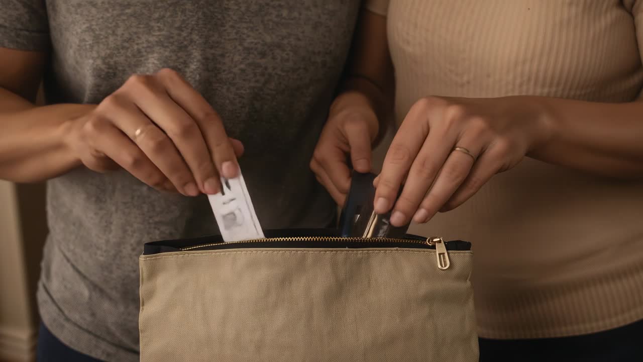 Opening pouch couple in grey-beige tops packing at home, placing pass-bottle-wrap-rings-gold-zip
