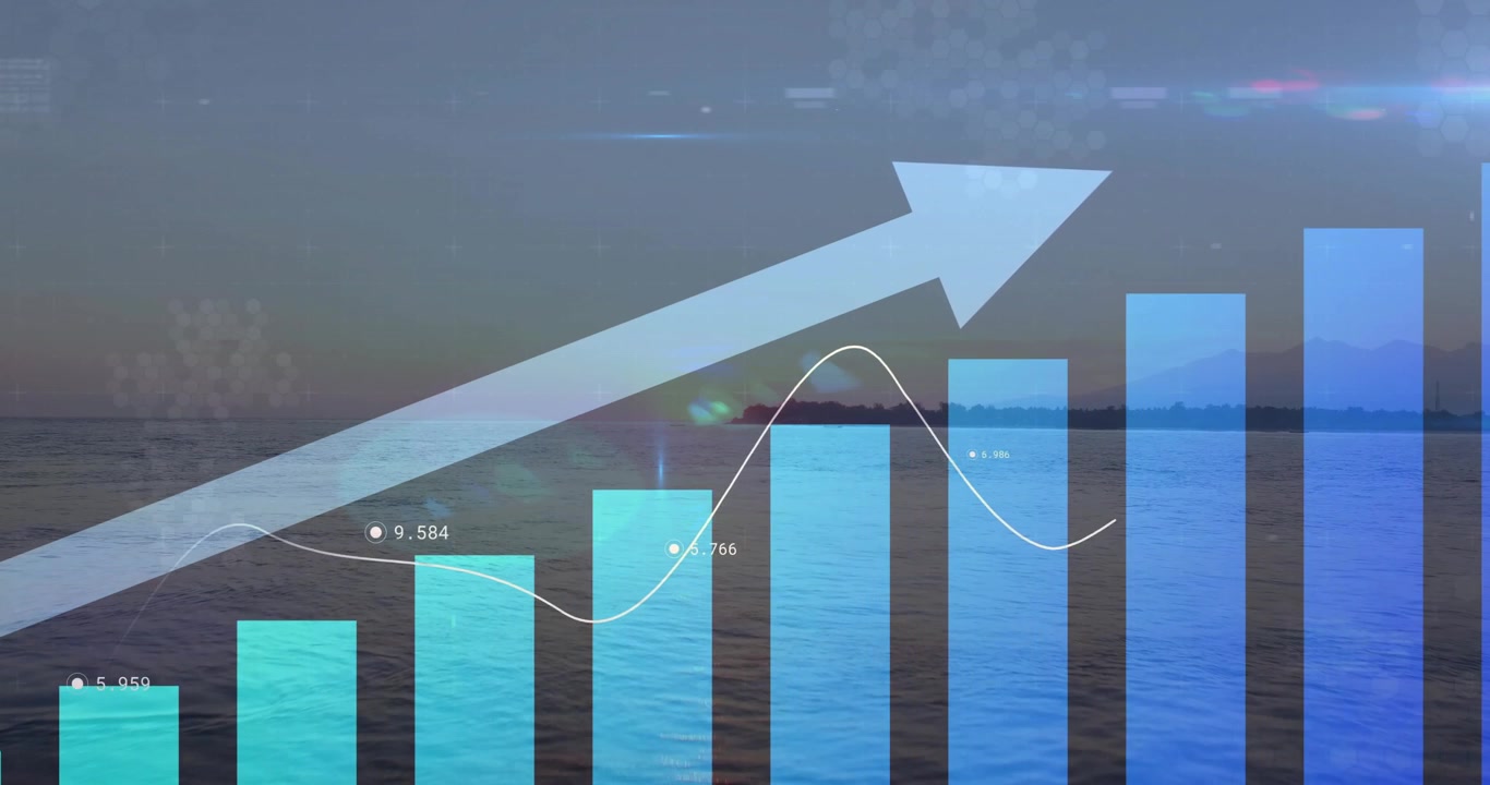 Animated Business Growth Chart Over Ocean Landscape