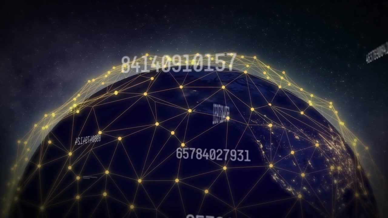 Al caricamento, un globo in rete ruota, la telecamera orbita e zooma, e i numeri si definiscono per mostrare il flusso di dati.