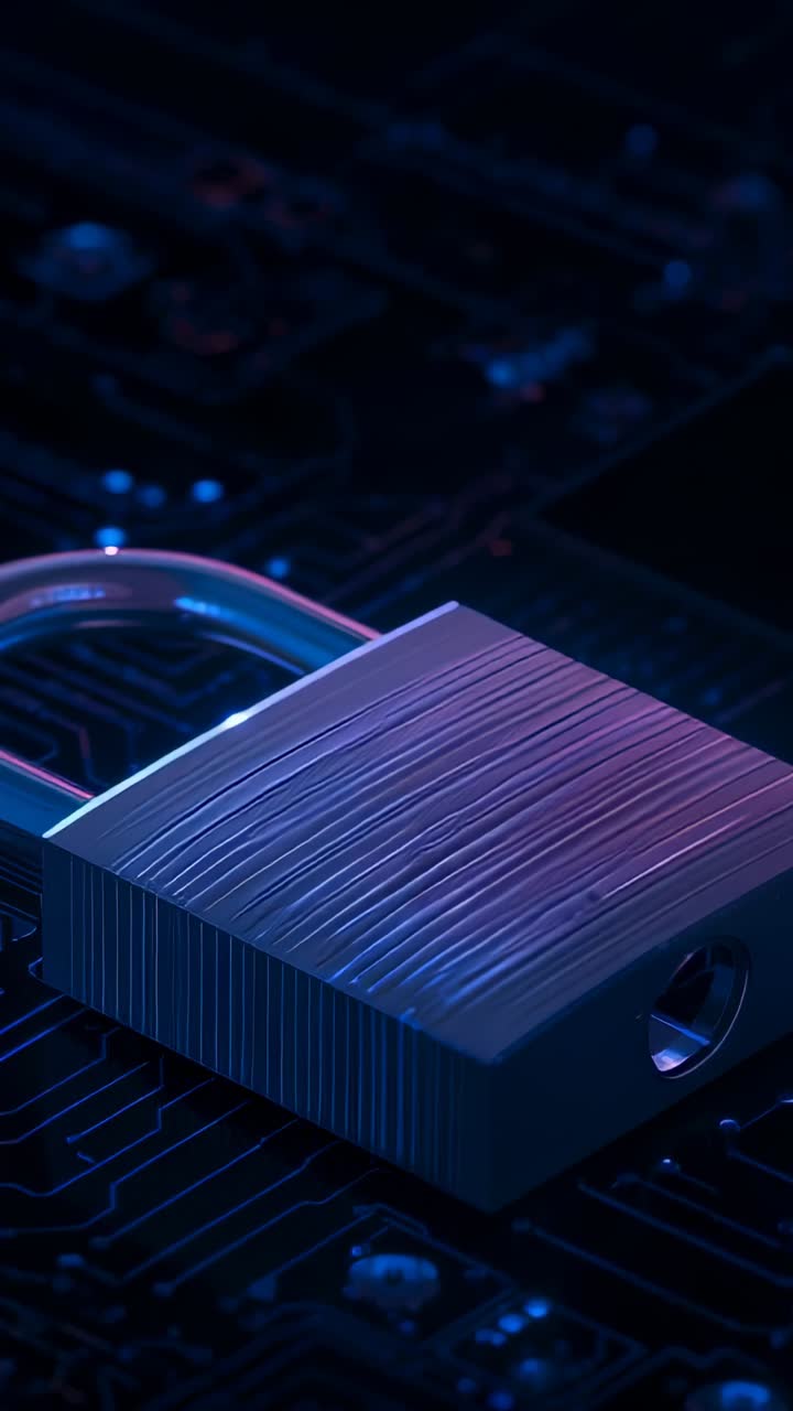 Vertical video: Sweeping lights illuminating padlock on circuit board, evoking security concept