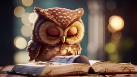 a charming animated owl engaged in reading an enchanted book, capturing the magic of storytelling and imagination in a cozy atmosphere