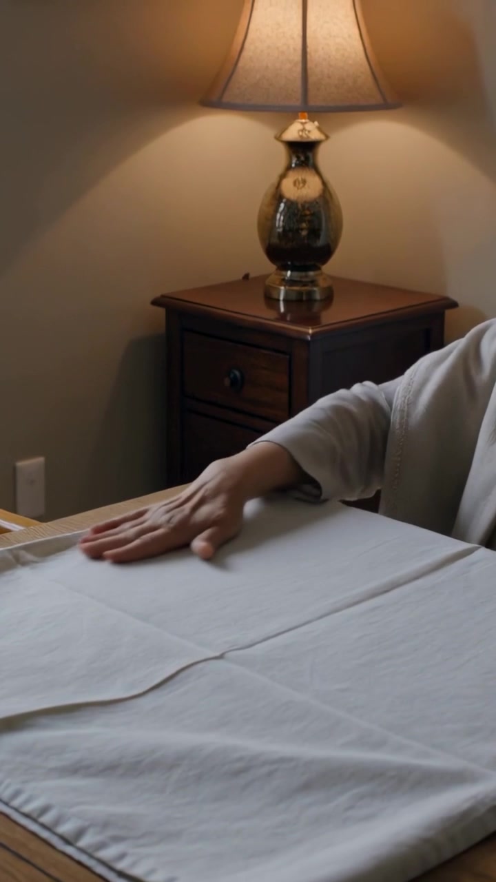 Vertical video: Placing cloth hands in light sleeve smoothing it on wooden table