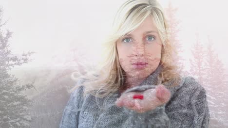 animation of woman holding red pills on outstretched hand, over misty mountain landscape