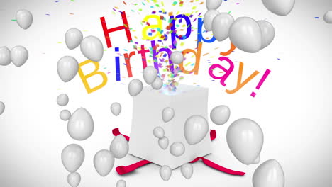 animación de texto de feliz cumpleaños sobre globos y presente sobre fondo blanco