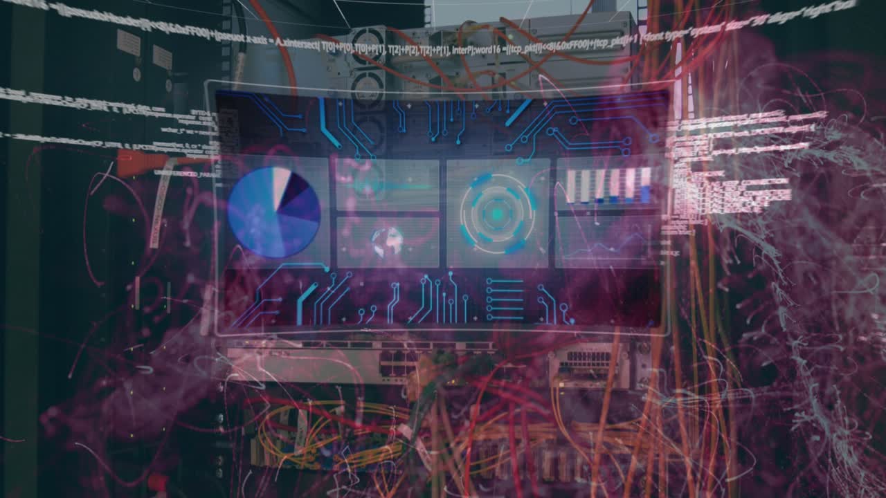 Animation of network of connections and rotating brain over dots on black background