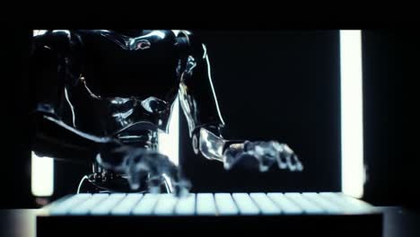 a sleek robotic figure engages with a glowing interface, displaying impressive interaction skills in a dimly lit space. the focus is on the seamless blend of technology and artificial intelligence.