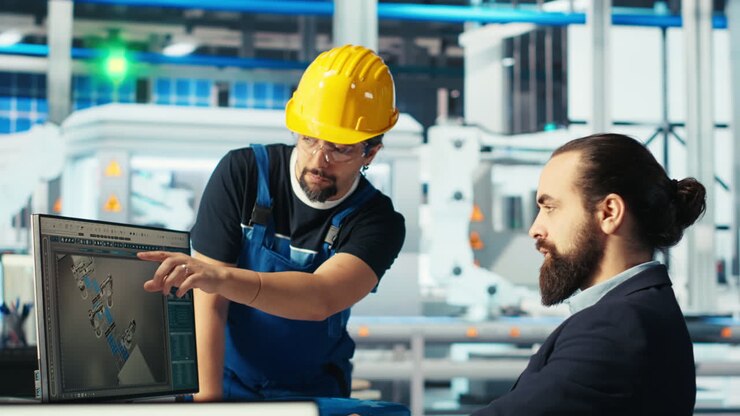 Photovoltaics factory manager delegating tasks to employee