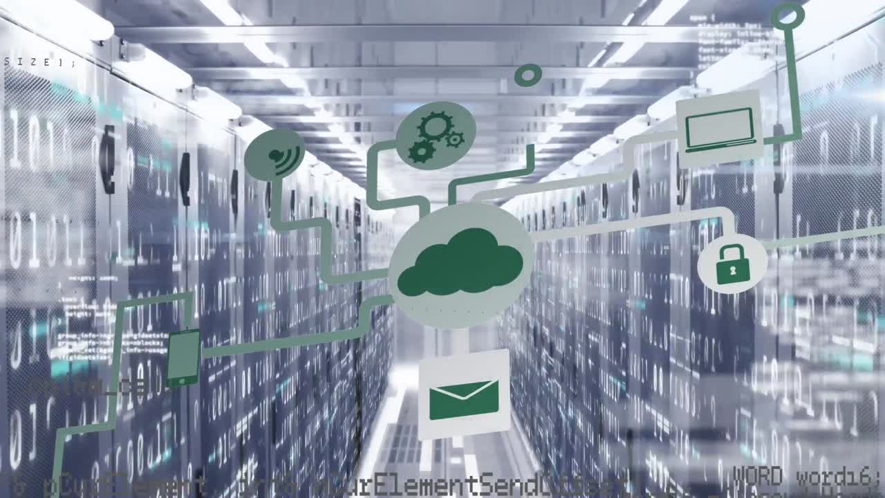 연결과 함께 클라우드 아이콘의 애니메이션, 컴퓨터 서버를 통해 데이터 처리