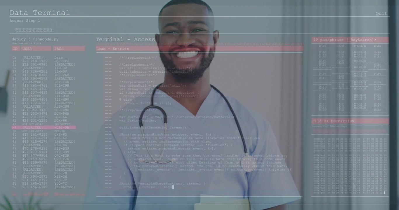 Medico che tiene in mano una cartella clinica e reagisce a un overlay di terminale dati AR che sblocca le cartelle cliniche dei pazienti.