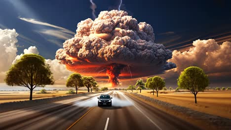 massive explosion creates dramatic cloud over a desert road landscape