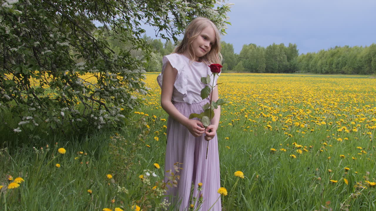 hermosa niña rubia con una rosa en