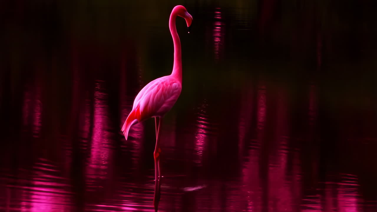 Pink Flamingo Standing in Magenta Water