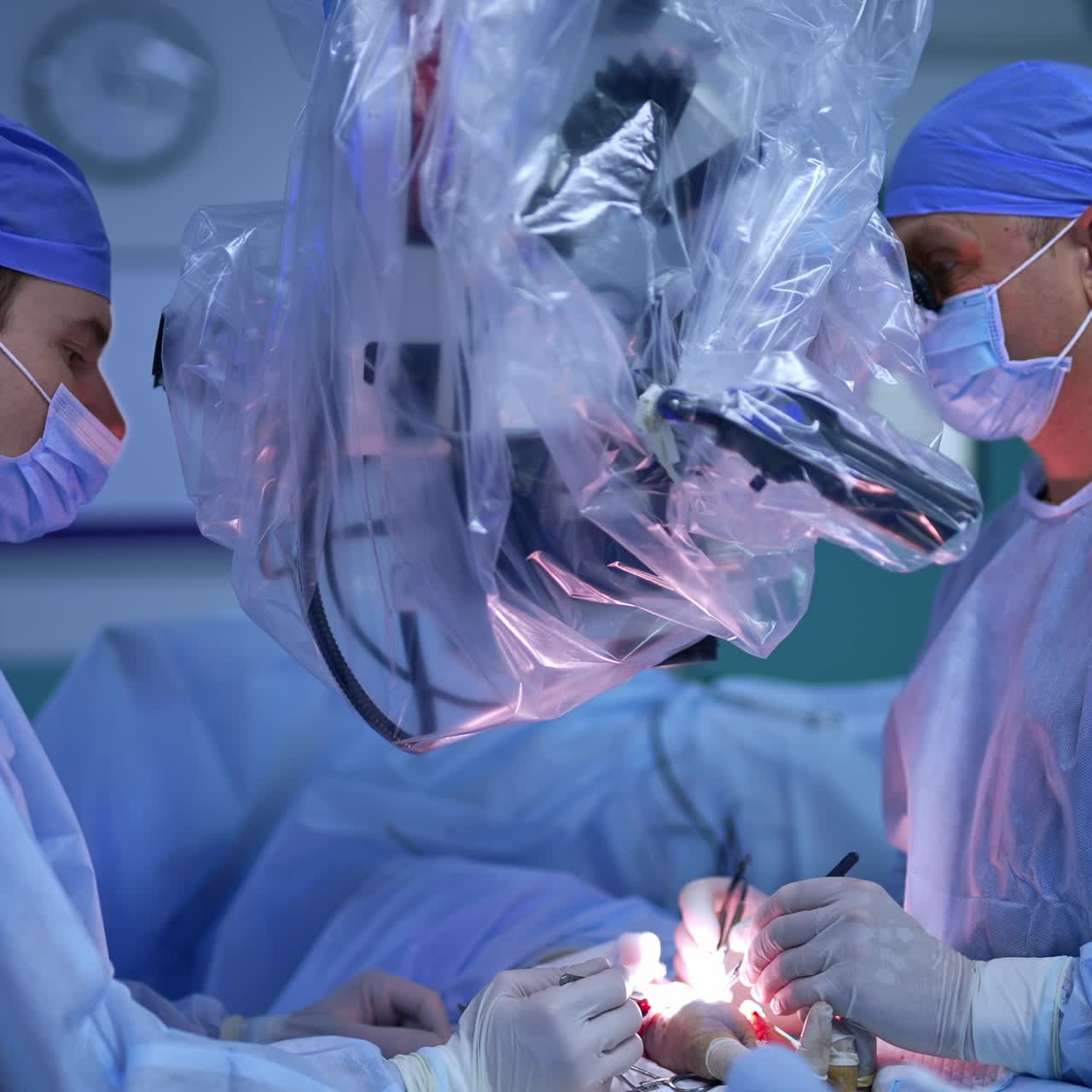 Doctors use forceps in neurosurgery on hand. Medical professionals look at microscope to perform operation