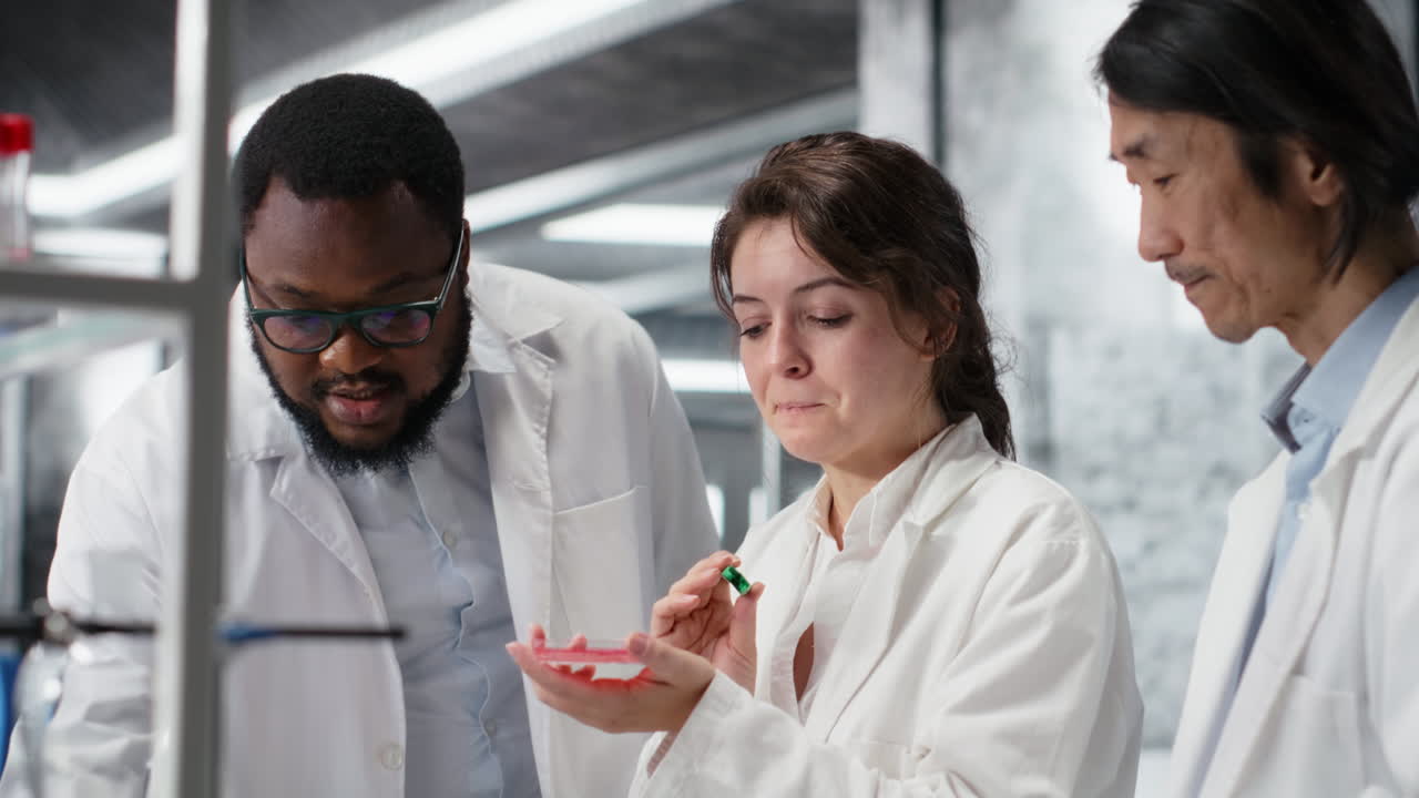 Vertical video Multiethnic team of researchers doing brainstorming, looking at petri dish