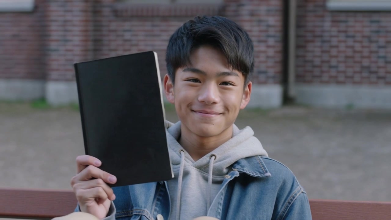 Vedendo la telecamera, un adolescente con giacca di jeans alza e abbassa un quaderno nero, mostrando la copertina su una panchina della scuola.