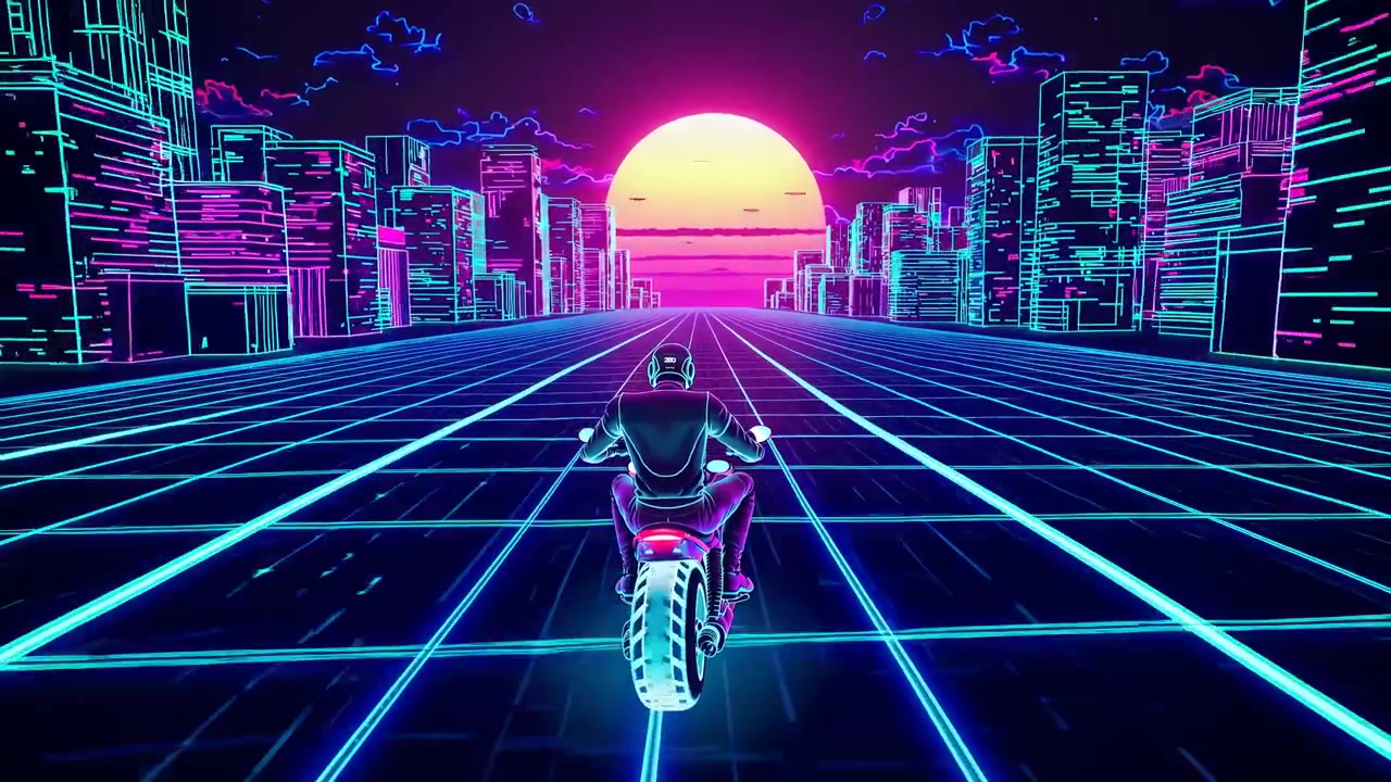 Motociclista che guida una moto attraverso un paesaggio urbano cyberpunk futuristico al neon