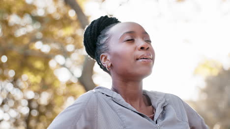 black woman, breathing and nature with fitness
