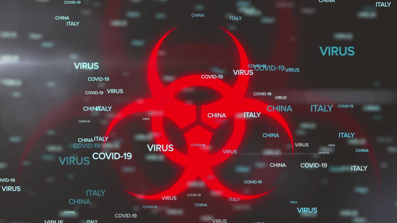 animación de múltiples textos de covid 19 sobre advertencia cantando en un fondo oscuro