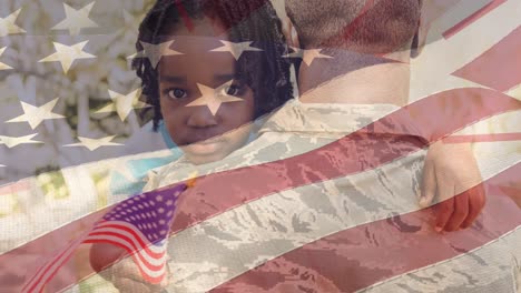 Animation-of-flag-of-america-blowing-over-african-american-daughter-with-flag-hugging-soldier-father