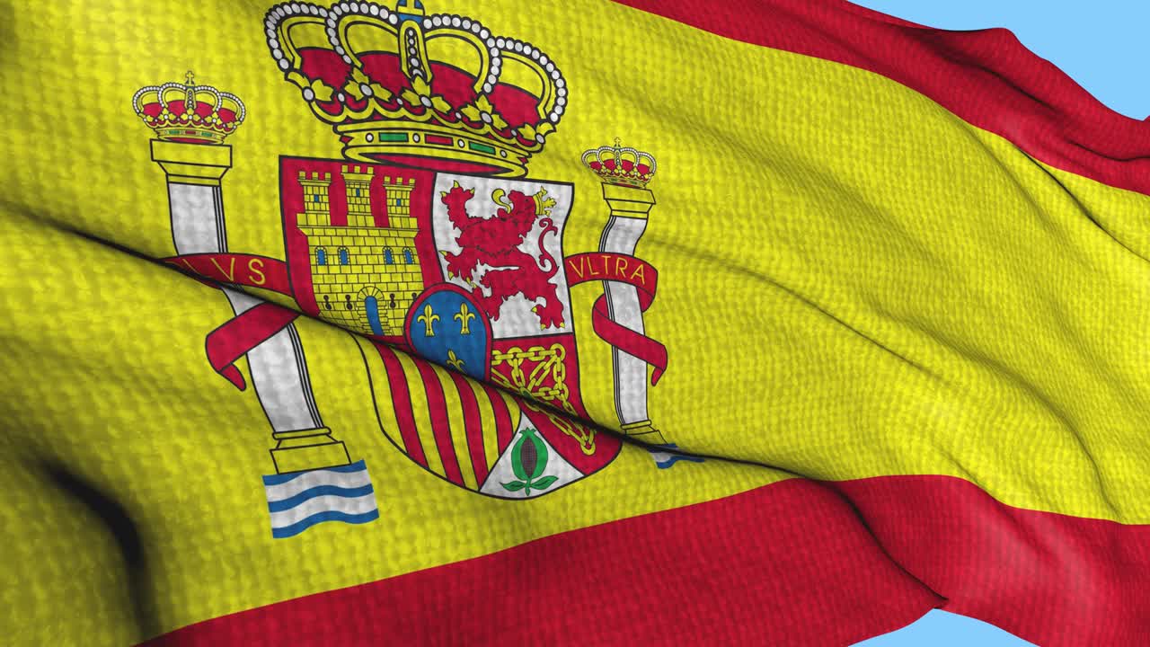 Spaniens flagga med tygtextur, vajande i vinden. Animation av den spanska nationalsymbolen. Sömlös loopande video på en isolerad bakgrund.