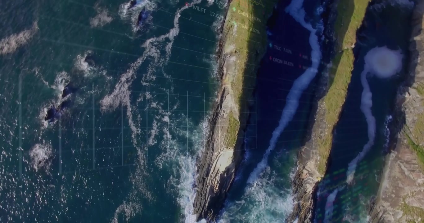 Animation of financial graphs and data over sea and land top view