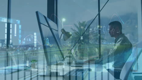 analyzing financial data, businessman at desk with cityscape animation in background
